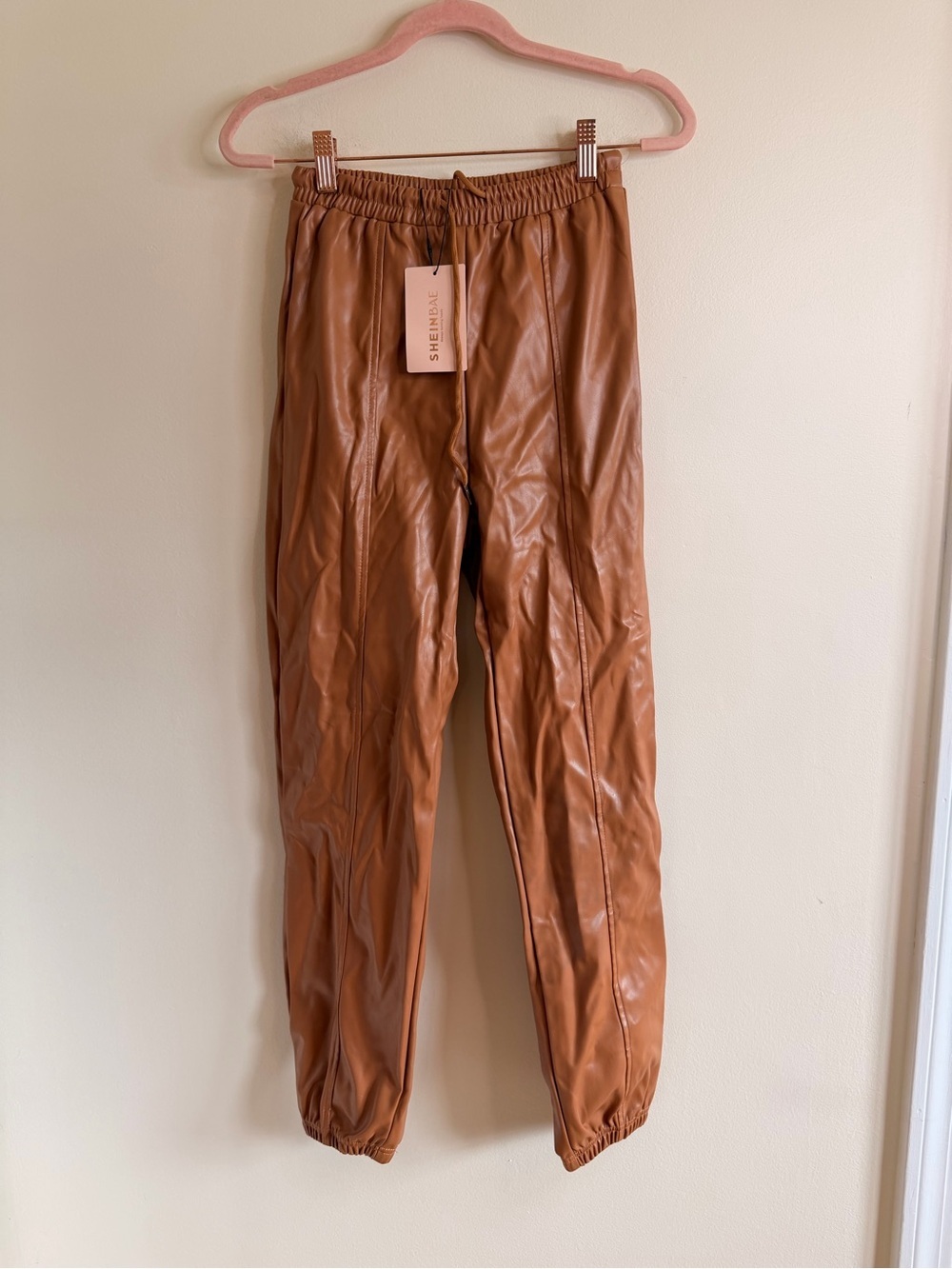 SHEIN Faux Leather Joggers - Cognac